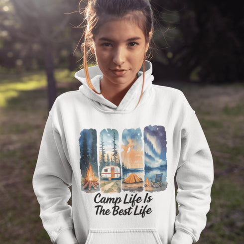 Our Camp Life Is The Best Life Hoodie features four epic camping scenes—from starry skies and crackling fires to cozy tents and scenic trails.